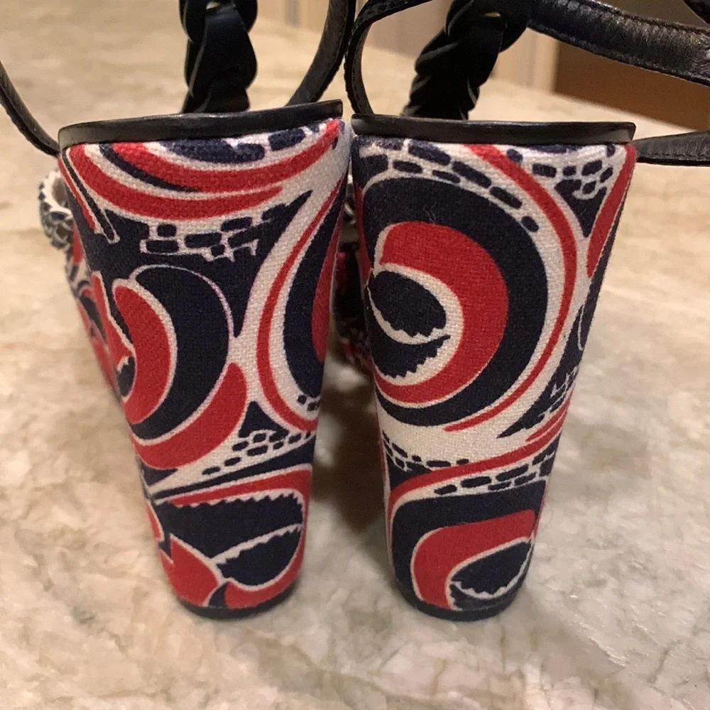 Tory Burch wedge sandals- navy and red design- 7.5
